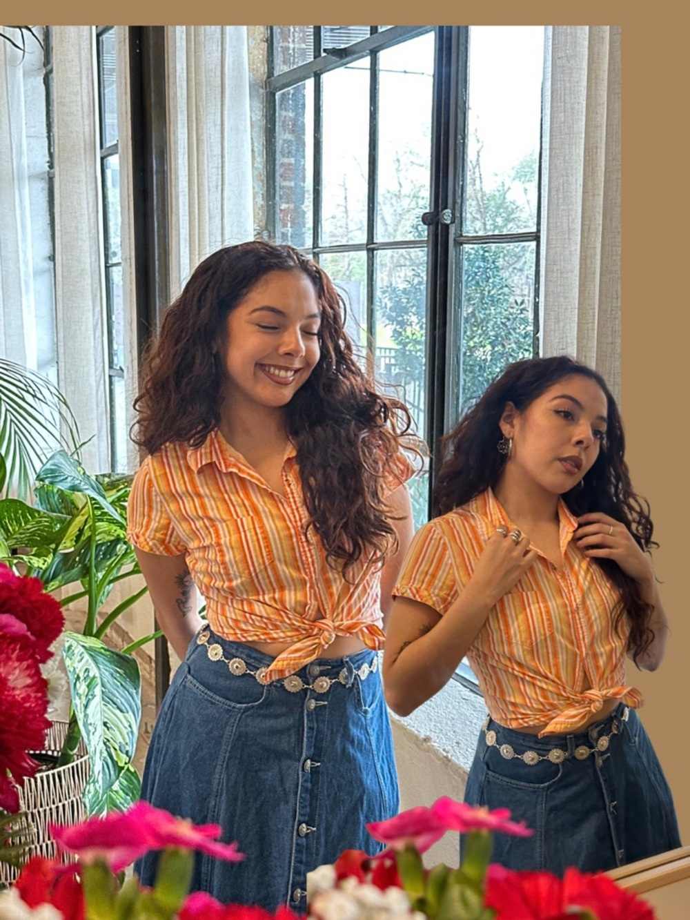 No Boundaries Orange and White Striped Button-Down Crop Shirt